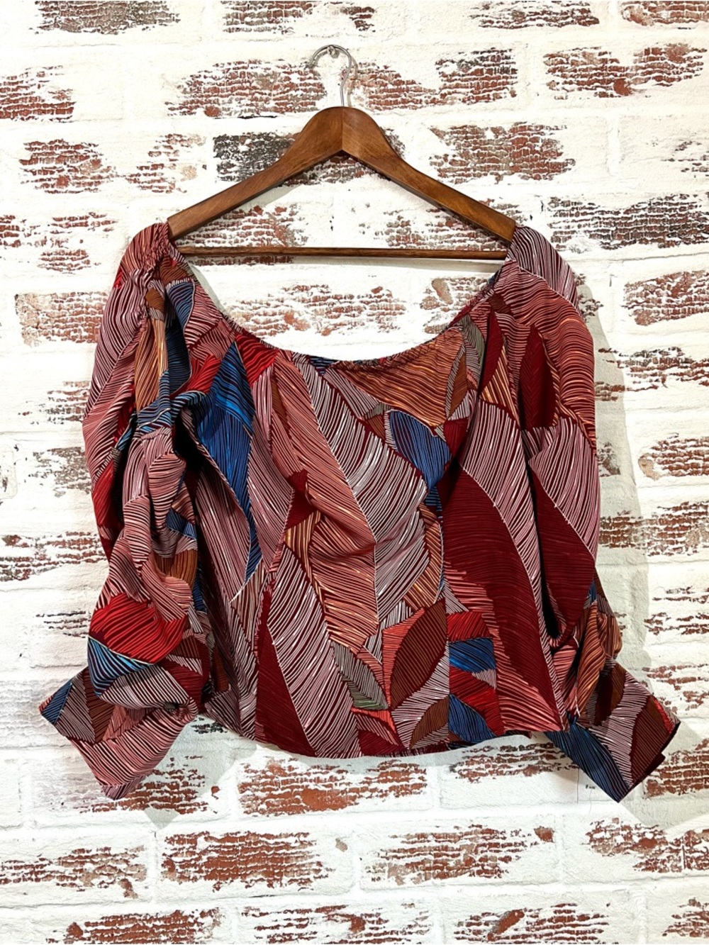 Lulumari Blouse Boho Chic Tropical Palm Leaf Ruched Balloon Sleeve Sz L
